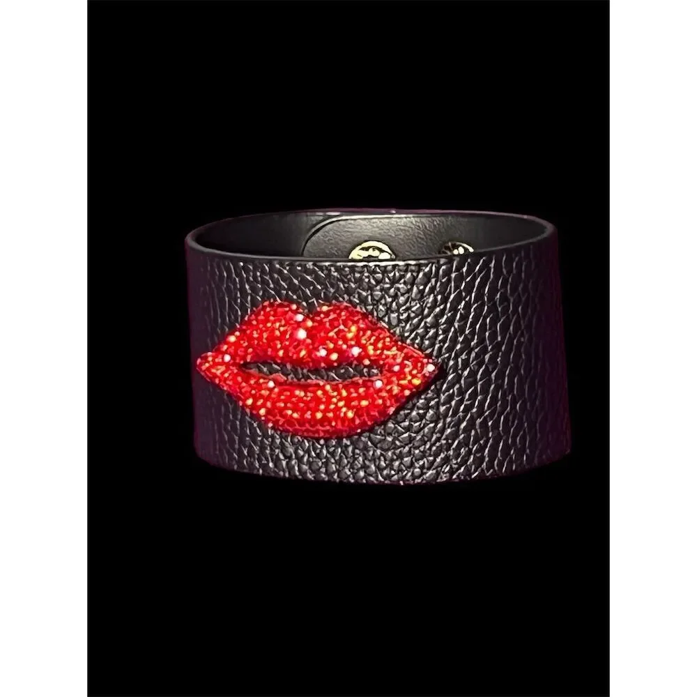 Rhinestone Red Lip Cuff Bracelet Black PU Leather​